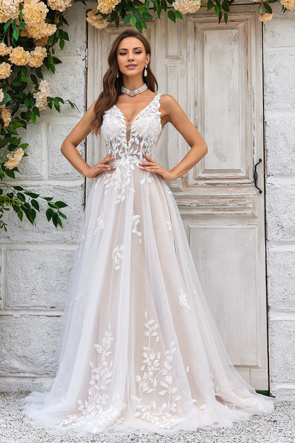 A-line collar lace chiffon trailing wedding dress