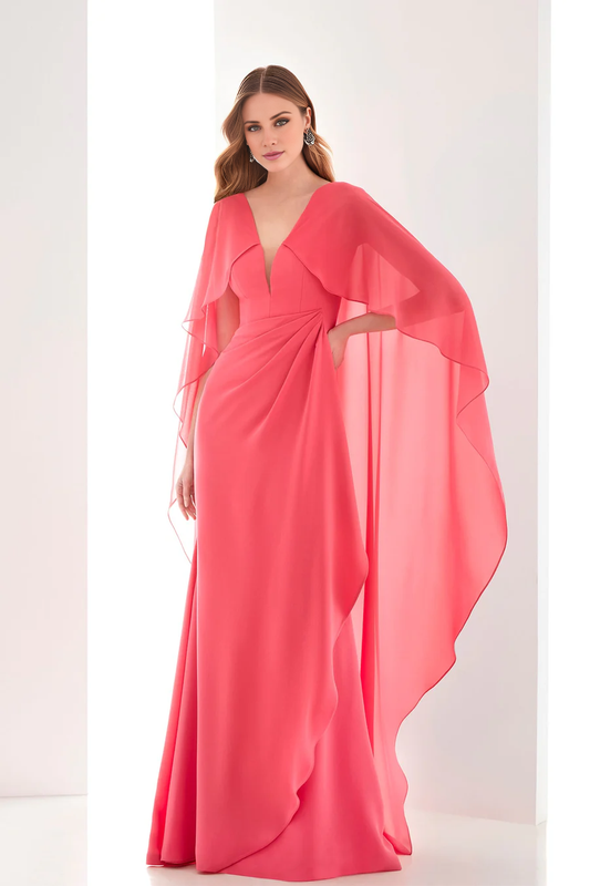 A-line V-neck long-sleeved cape floor-length evening gown