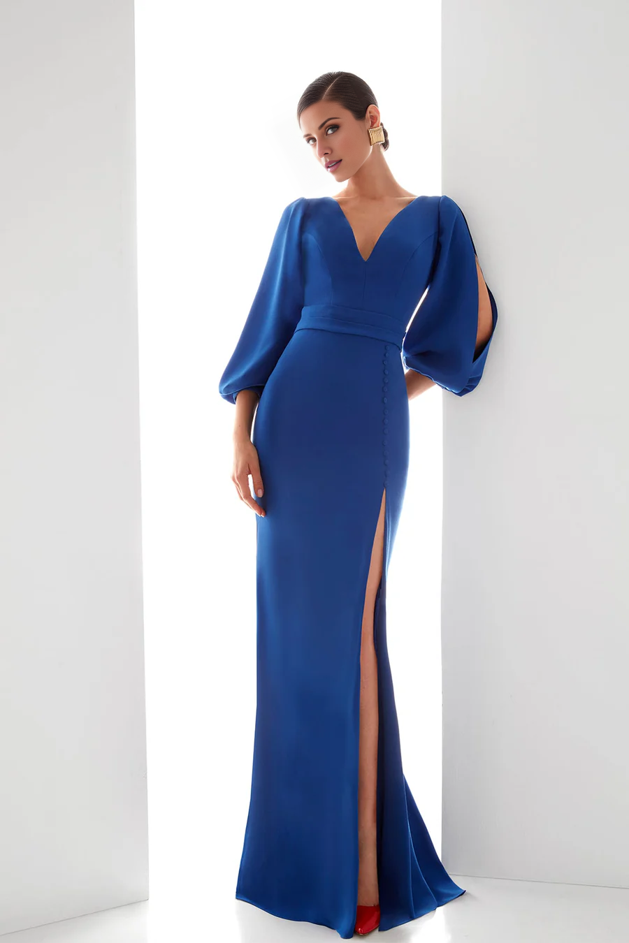 Long sleeve V-neck side slit floor length evening dress