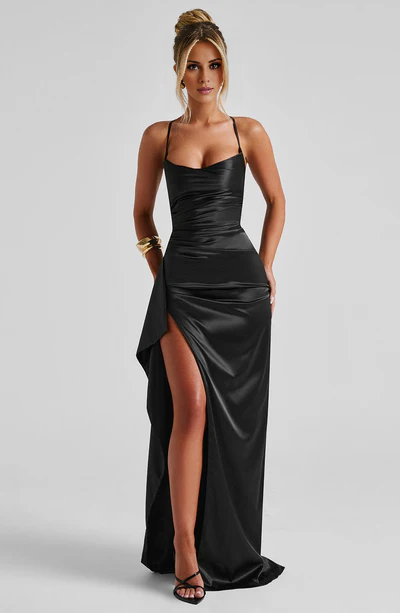 Bare shoulder satin thin shoulder strap with side slits and floor length Prom dress