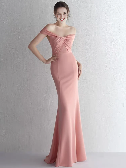 Off the shoulder pink fish tail long formal gown evening dresses