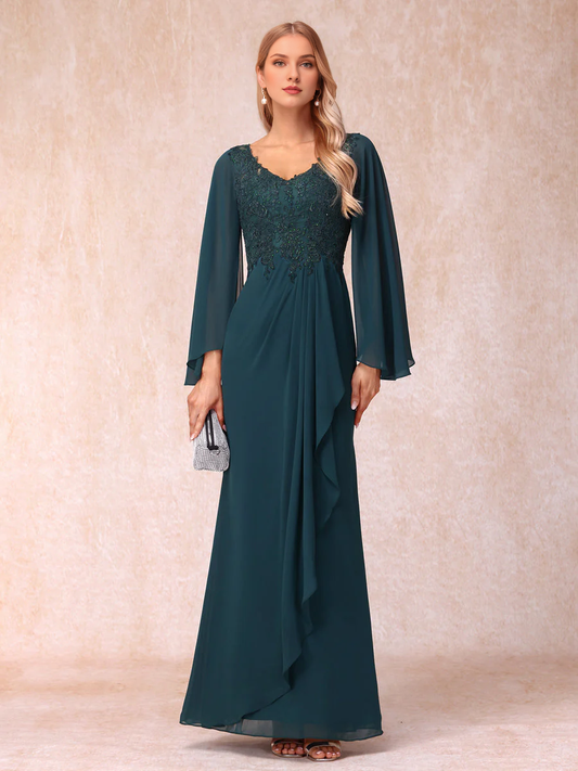 Tight sequined cylindrical V-neck long sleeved and floor length evening gowns