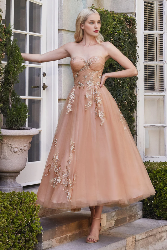 A-line strapless zipper embellishment embroidered tea long chiffon evening dress