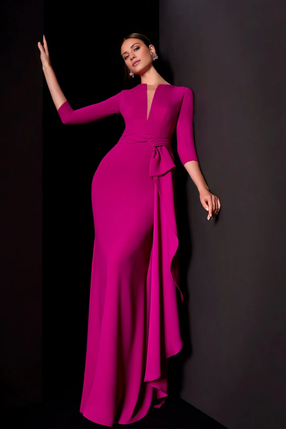 Column open neckline 3/4 sleeves side slit floor length evening dress