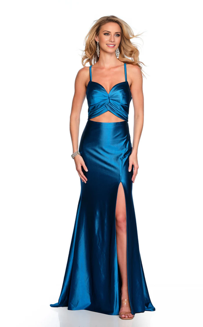 V-neck spaghetti strap sleeveless backless side slit floor-length evening dress