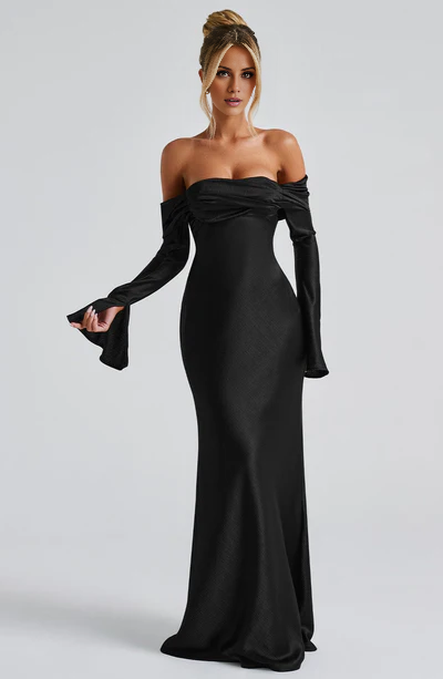 Off shoulder collar flared long sleeved and floor length Prom dress