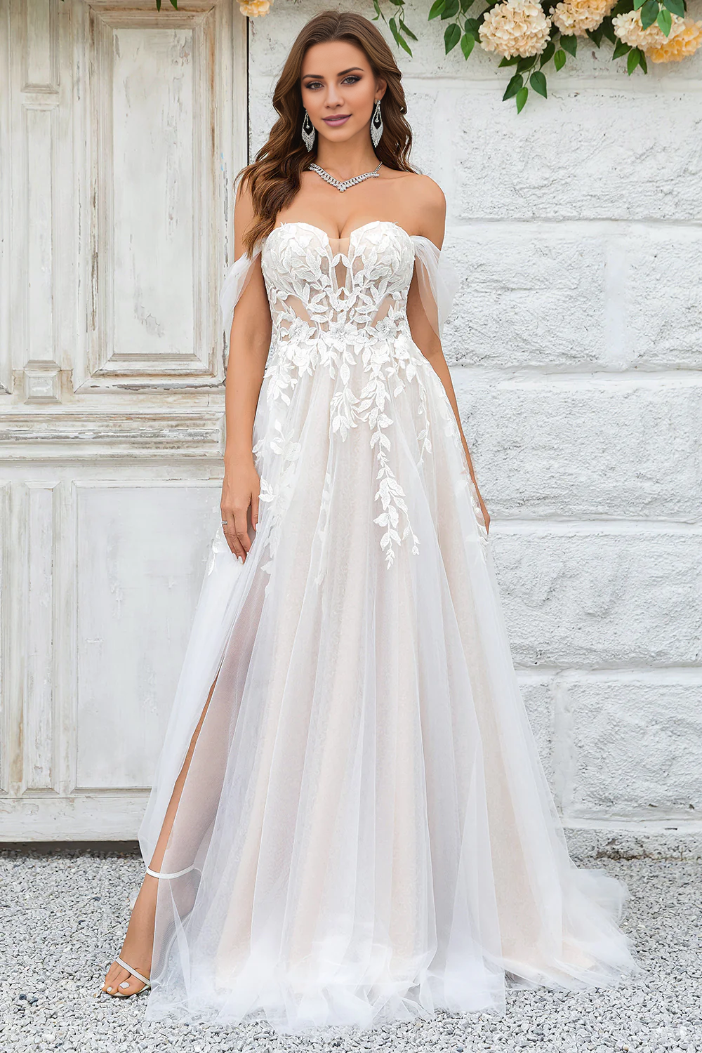 A Line detachable shoulder lace chiffon wedding dress