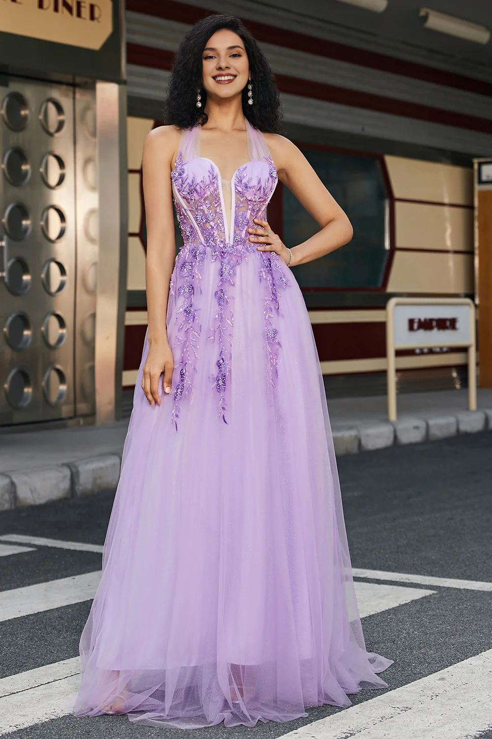 Gorgeous gray purple A-line hanging neck tight corset ball dress