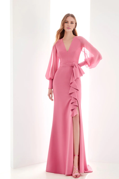 Column V-neck long sleeve side slit floor-length evening dress