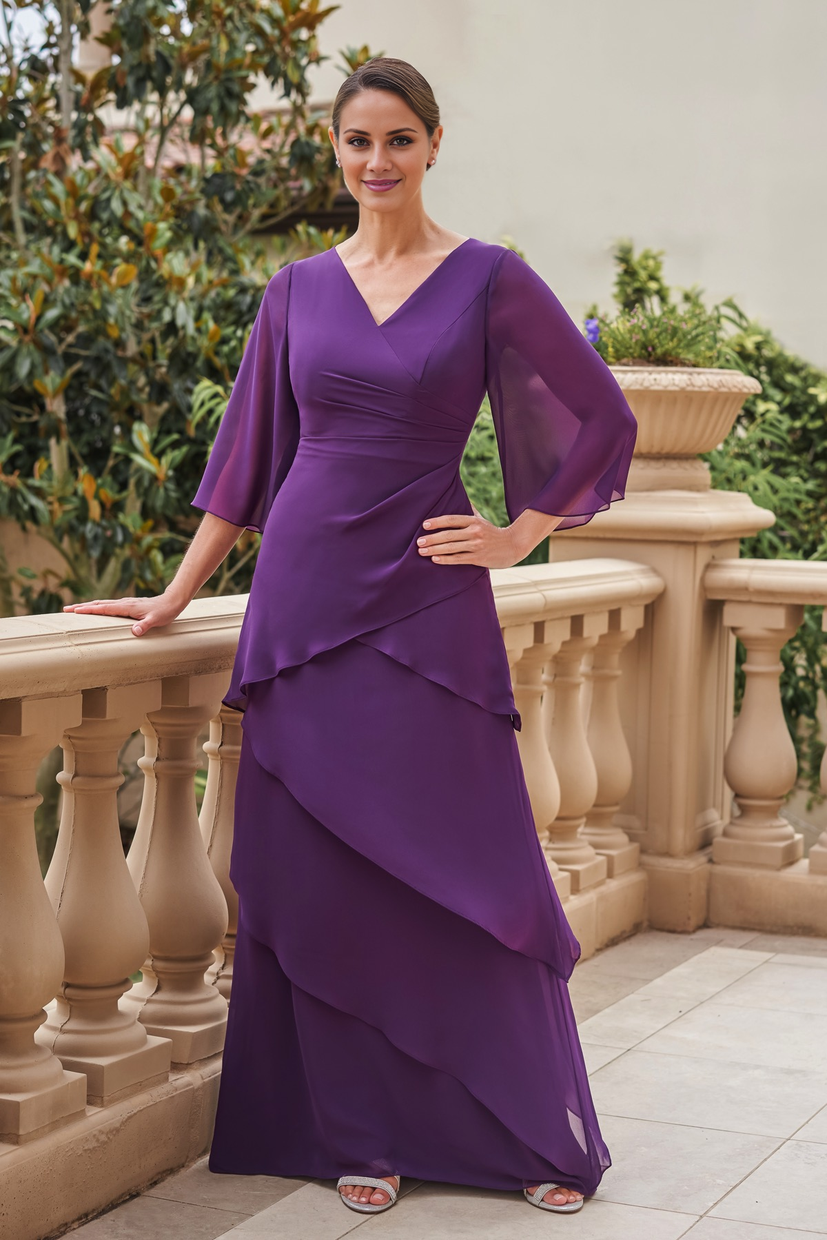 A-line V-neck chiffon asymmetrical layered and floor length mother of bride dress