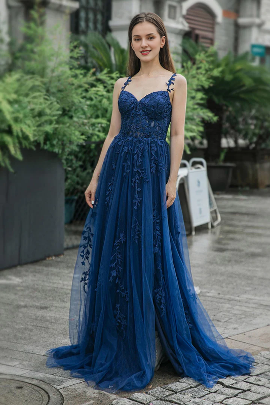 A-line slit chiffon decal and ground length gown evening dresses