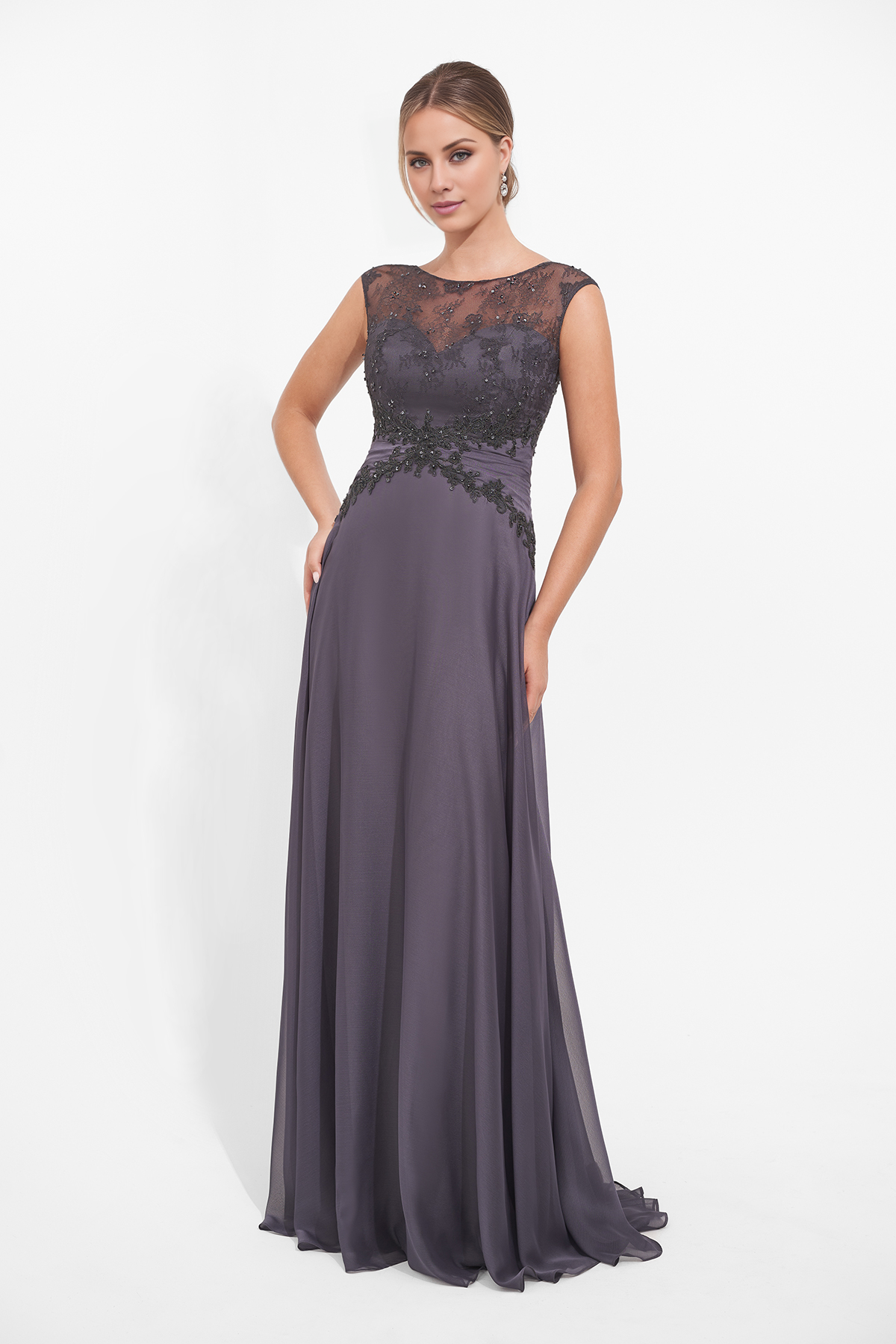 A-line chiffon lace bead pleats and floor length mother of bride dress