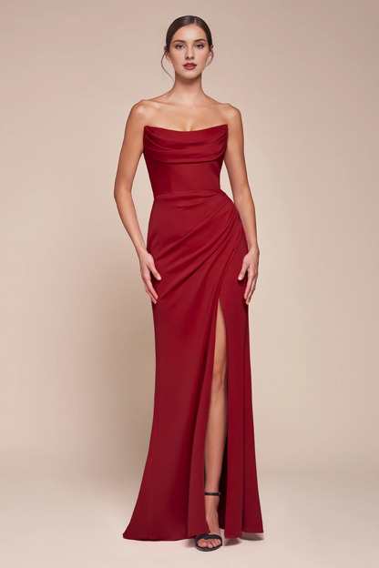 Fitted slit skirt chiffon long strapless evening dress