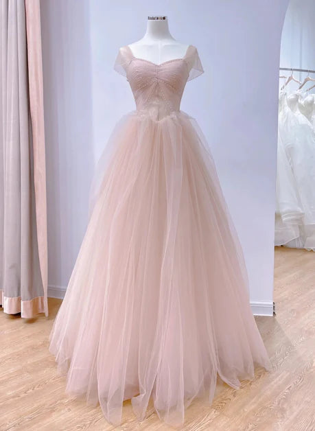 Sweet pink sheer beaded off shoulder short sleeved long party dress, pink A-shaped sheer backless and floor length evening dress