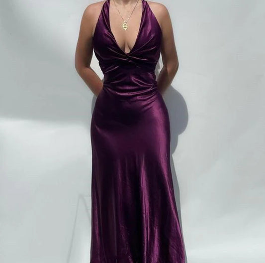 V-neck purple satin and floor length evening gown