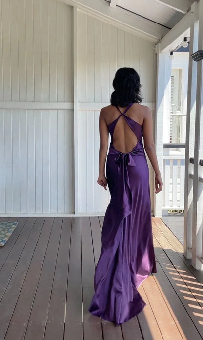 V-neck purple satin and floor length evening gown