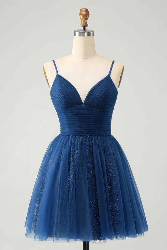 Sparkling navy blue A-line thin shoulder strap pleated sheer short sequined back to school dress