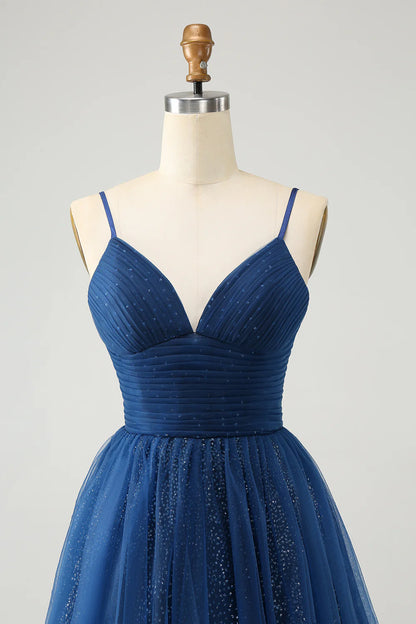 Sparkling navy blue A-line thin shoulder strap pleated sheer short sequined back to school dress