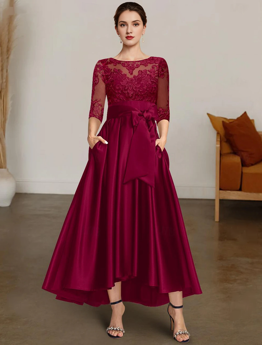 A-shaped Christmas dress for brides and mothers formal wedding guests elegant high-low boat collar asymmetrical satin lace 3/4 long sleeves with lace belt/ribbon