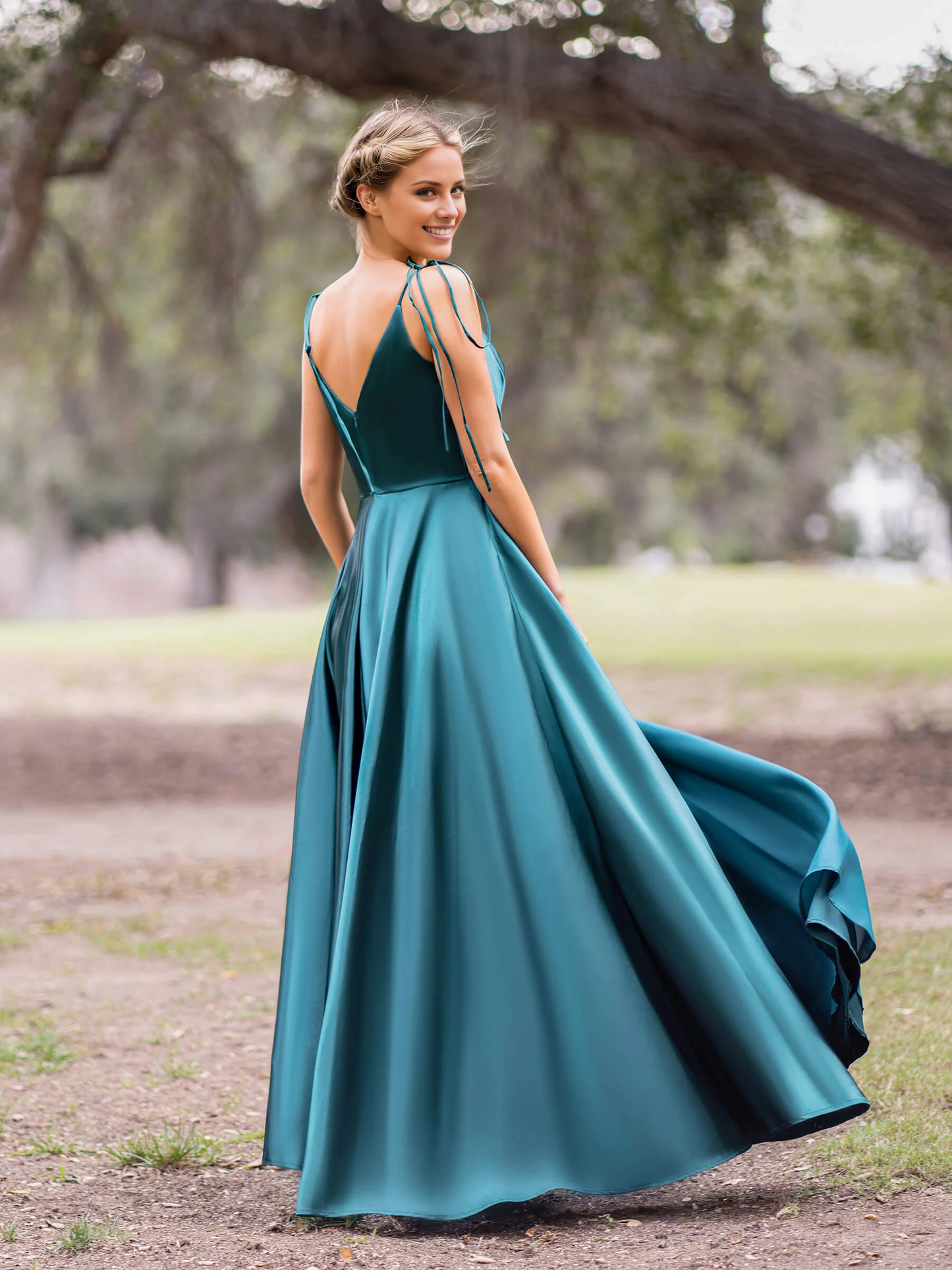 A-line V-neck spaghetti strap satin floor-length evening gown