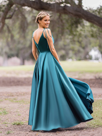 A-line V-neck spaghetti strap satin floor-length evening gown