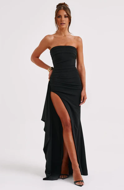 Off shoulder collar with crepe fabric draped ruffle edges and floor length Prom dress