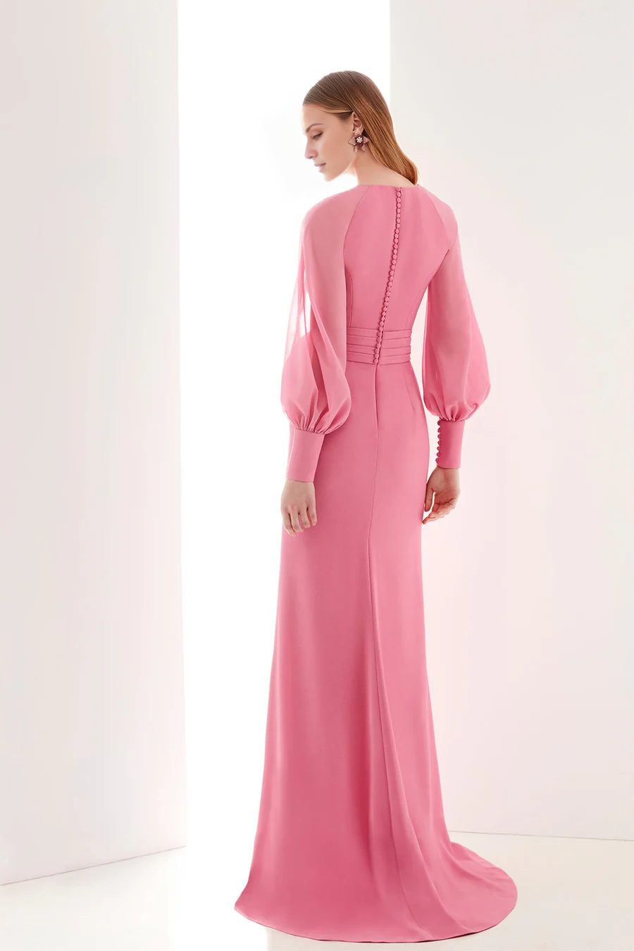 Column V-neck long sleeve side slit floor-length evening dress