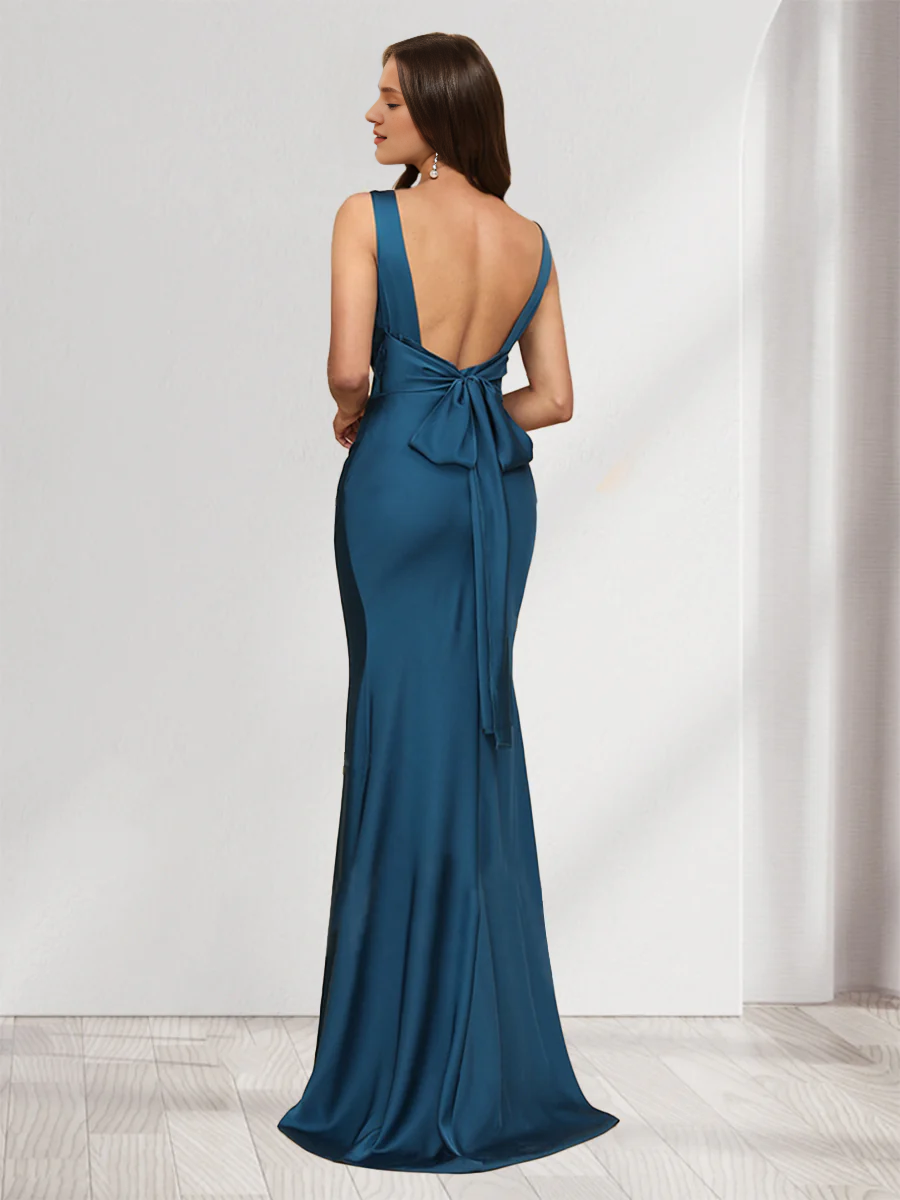 Horn/fish tail V-neck waistband sleeveless long evening gowns