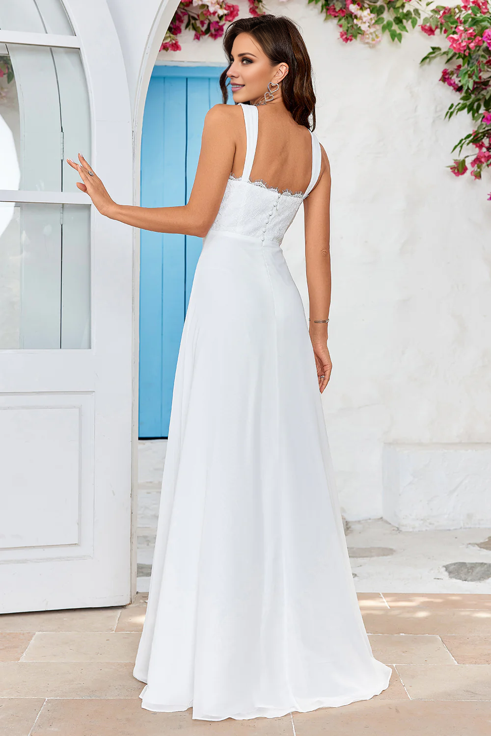 A-line lace low round neck chiffon bohemian style wedding dress