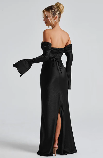 Off shoulder collar flared long sleeved and floor length Prom dress