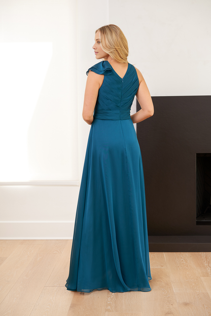 A-line chiffon pleated garment with ruffled sleeves and floor length for mother of bride dress