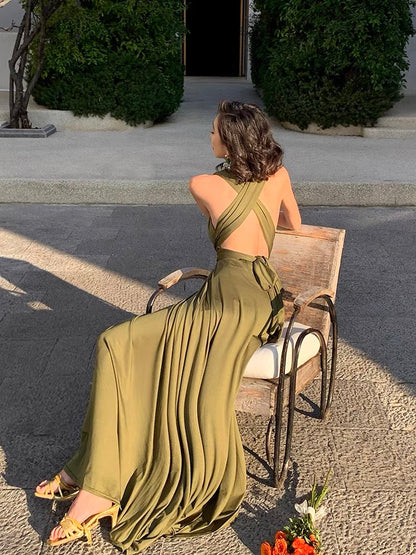 A-line V-neck green and ground length gown evening dresses