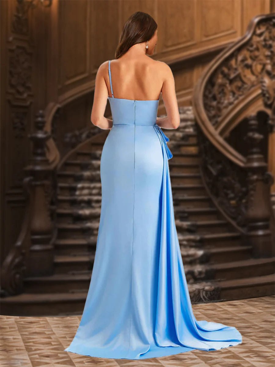 Horn/fish tail one shoulder thin shoulder strap pleated side slit and floor length gown evening dresses