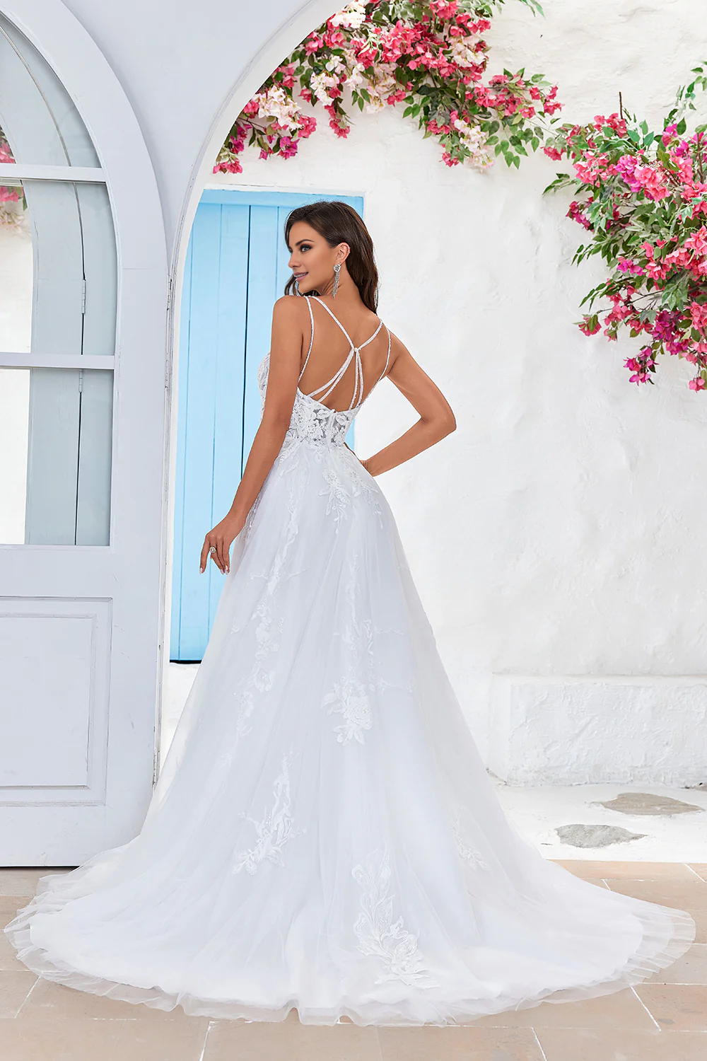 A-line chiffon cross shoulder strap back wedding dress