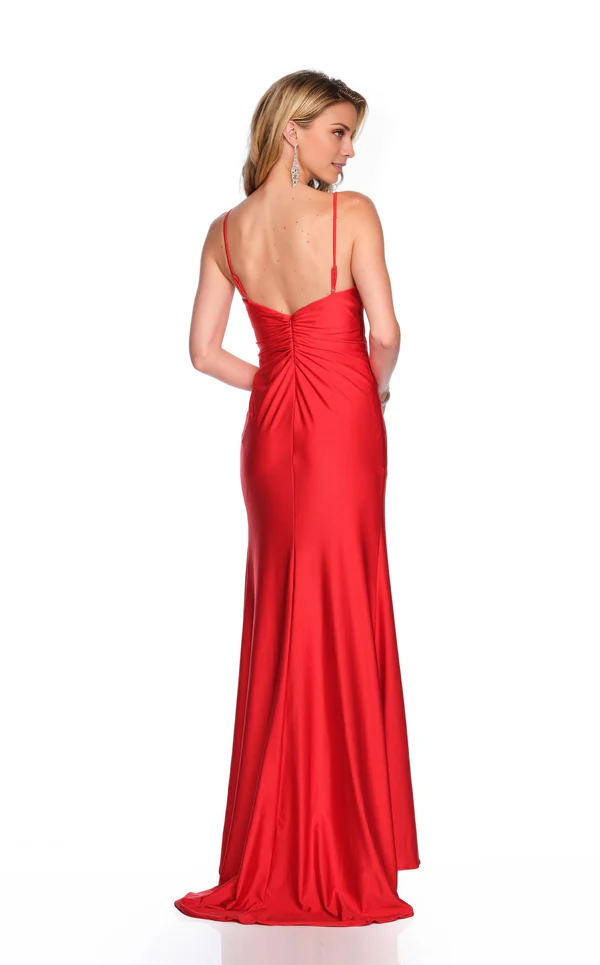 A-line V-neck spaghetti straps backless side slit floor-length evening gown