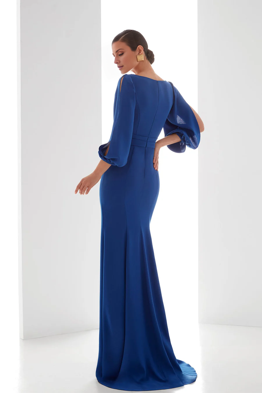 Long sleeve V-neck side slit floor length evening dress