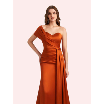 Sexy One Shoulder Sleeveless Mermaid Soft Satin Long Matron Of Honor Dress For Wedding