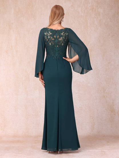 Tight sequined cylindrical V-neck long sleeved and floor length evening gowns