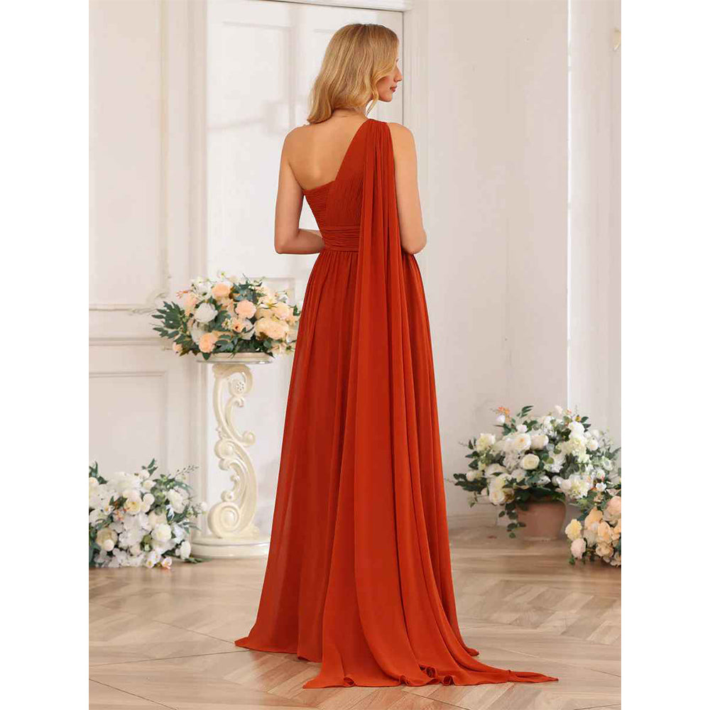 A-Line/Princess One-Shoulder Long Wedding Party Dresses With Watteau Train