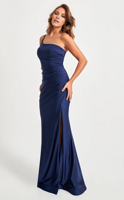 Asymmetric neckline satin side slit floor length evening gown