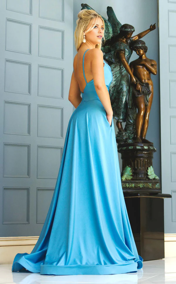 A-line spaghetti straps backless side slits floor-length evening dress