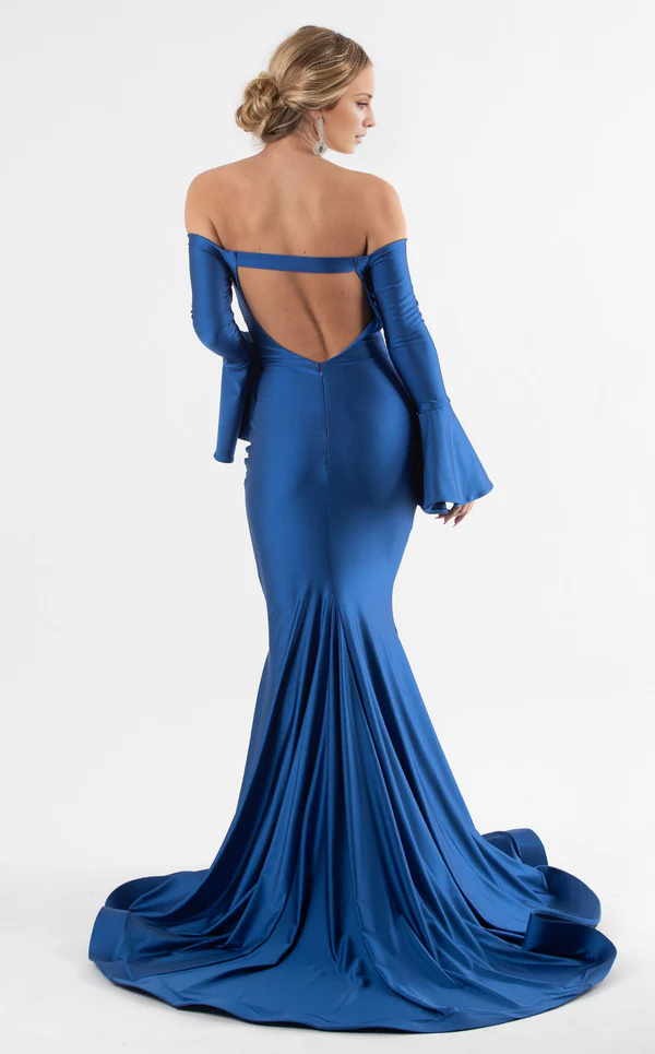 Mermaid off shoulder collar flared sleeves and floor length evening gown