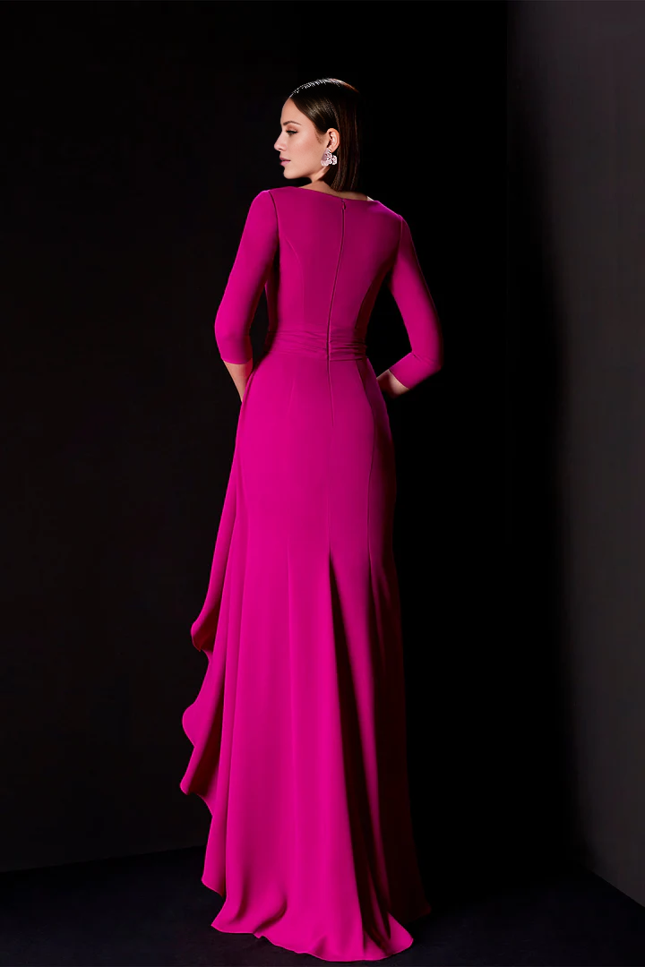 Column open neckline 3/4 sleeves side slit floor length evening dress