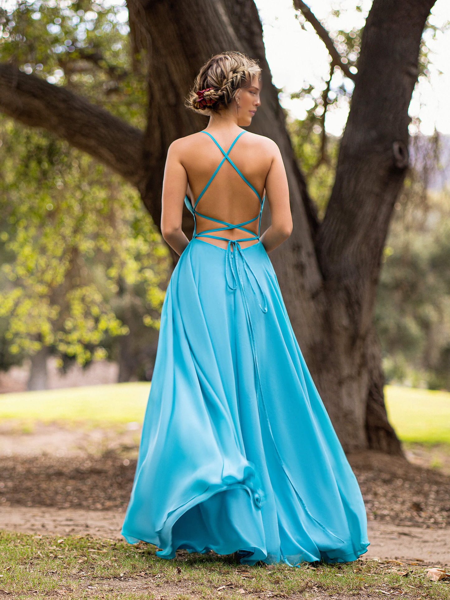 A-line straight chiffon floor-length cutout back floor-length evening gown