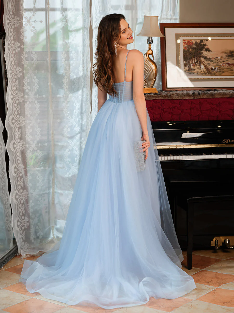 A-line/princess thin shoulder strap slit sleeveless and floor length evening gowns