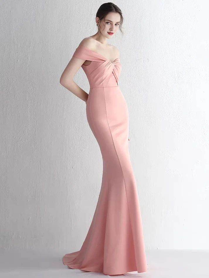 Off the shoulder pink fish tail long formal gown evening dresses