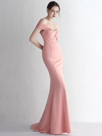 Off the shoulder pink fish tail long formal gown evening dresses