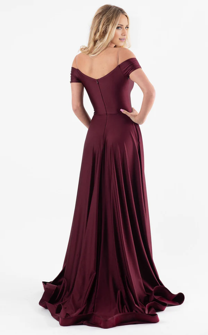 A-line off shoulder deep V-neck satin side slit and floor length evening gown