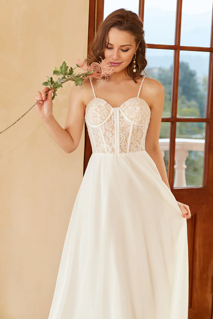 Beautiful A-line thin shoulder strap and floor length wedding dress