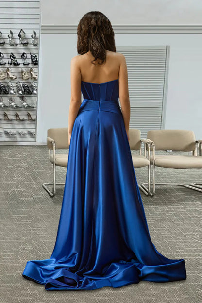 Royal blue lock hole collar side slit and floor length evening gown